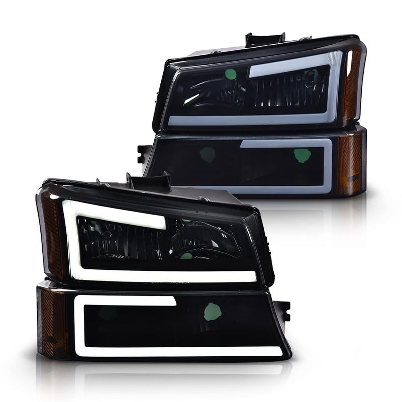 GPLUS LED Headlights Assembly Compatible with Chevy Silverado 1500 2500 3500HD 2003 2004 2005 2006 Bumper Headlamps Smoky Lens Black Housing Amber Reflectorfaros delanteros